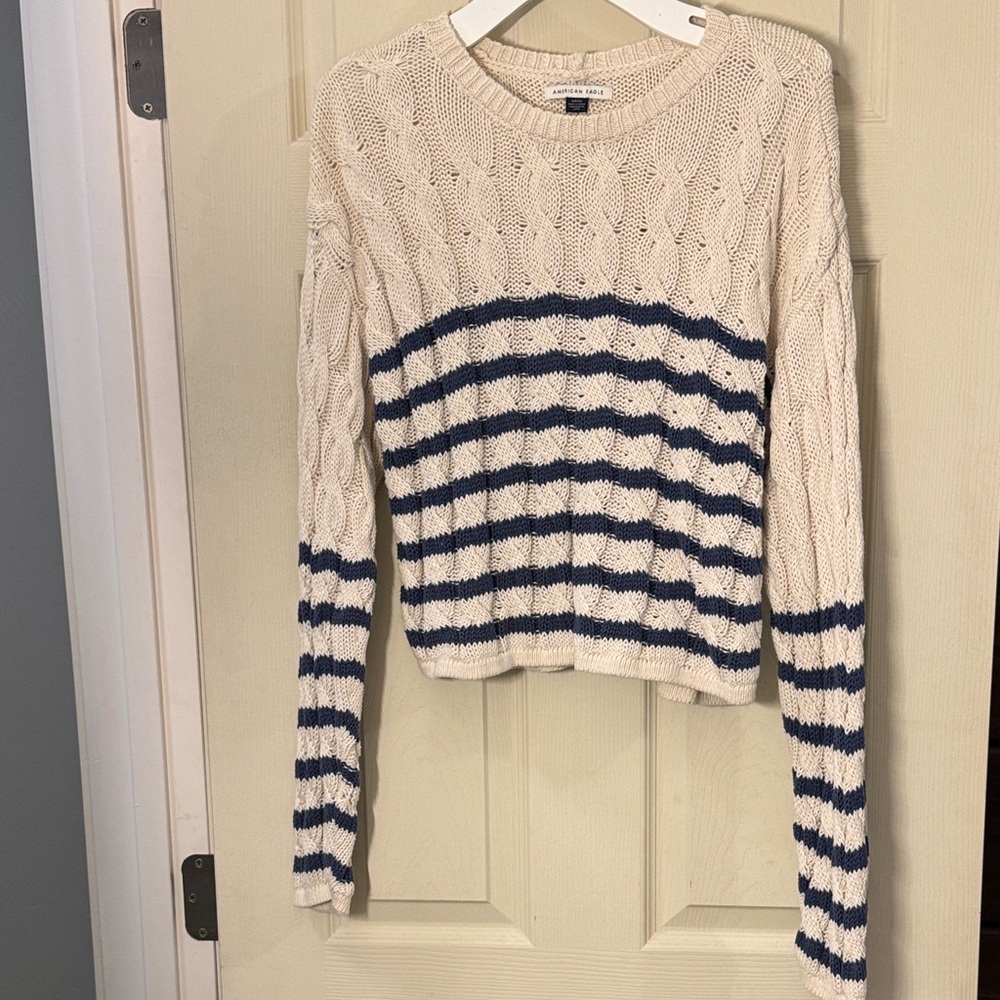 American Eagle Outfitters Cable Knit Sweater - Cream and Navy
